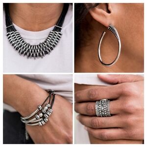 Paparazzi Jewelry Set Necklace Earrings Bracelet Ring Black Silver Edgy New